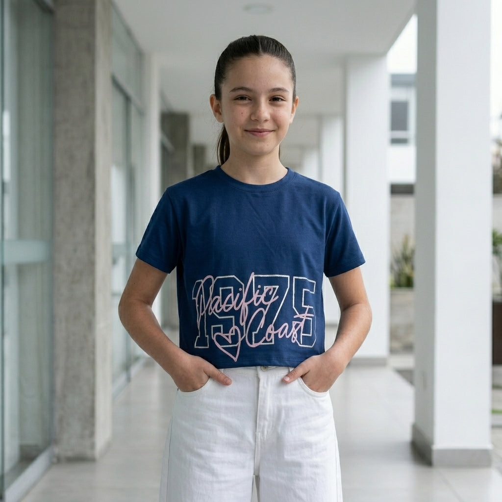 Polo Crop Azul para Niña – Algodón Manga Corta Estampado “Pacific Coast”
