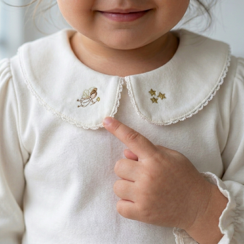 Polo Niña Algodón Manga Larga Cuello Peter Pan Bordado Hada (Ivory)