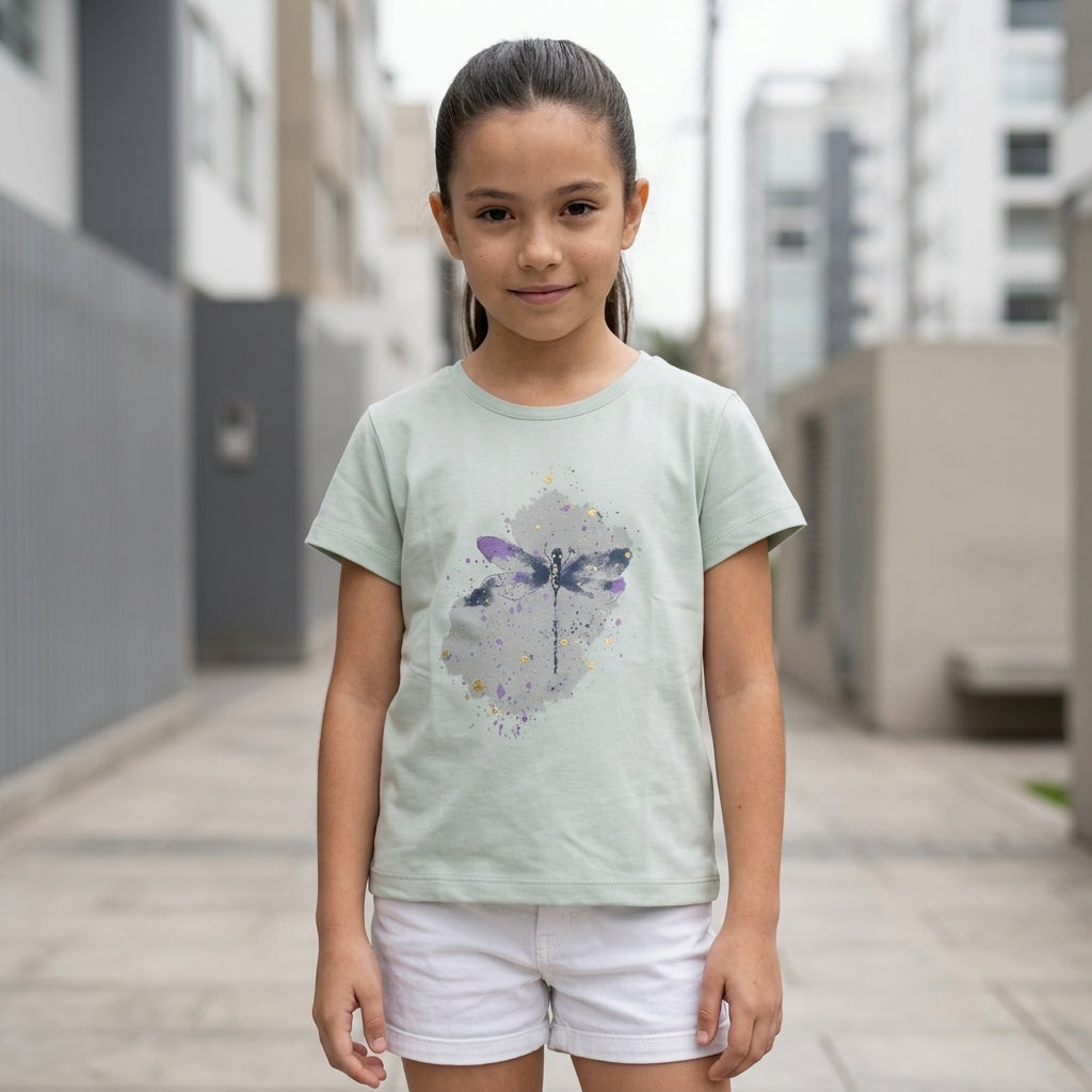 Polo Niña Algodón Estampado Libélula Verde