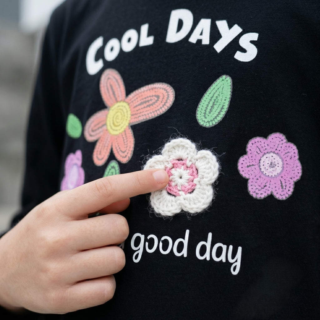Polo Manga Larga para Niña Negro con Flores Bordadas