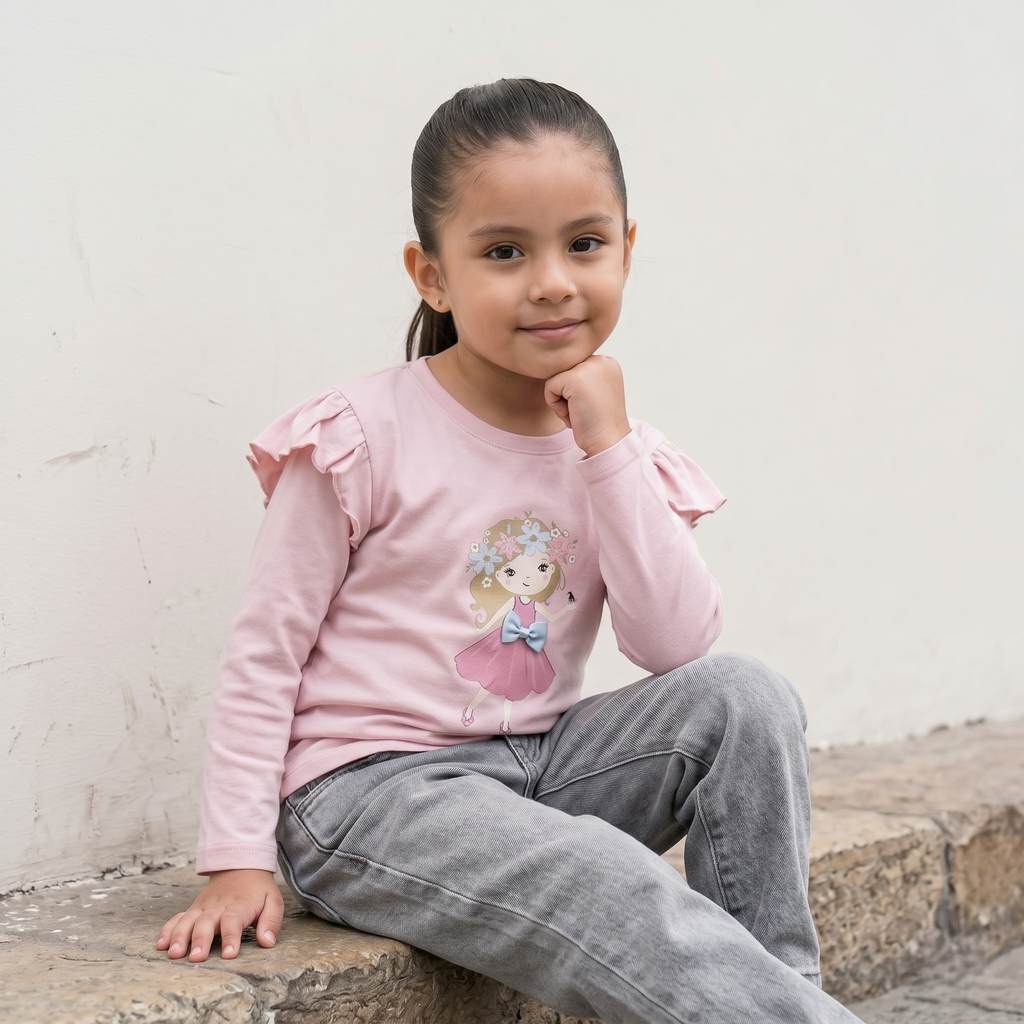 Polo Niña Algodón Manga Larga Rosa con Volantes (Estampado Niña)