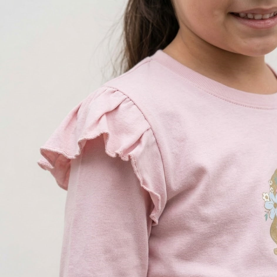 Polo Niña Algodón Manga Larga Rosa con Volantes (Estampado Niña)