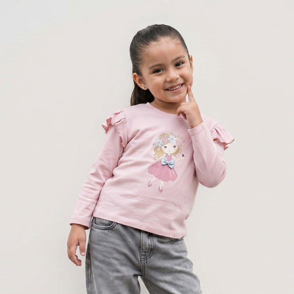 Polo Niña Algodón Manga Larga Rosa con Volantes (Estampado Niña)