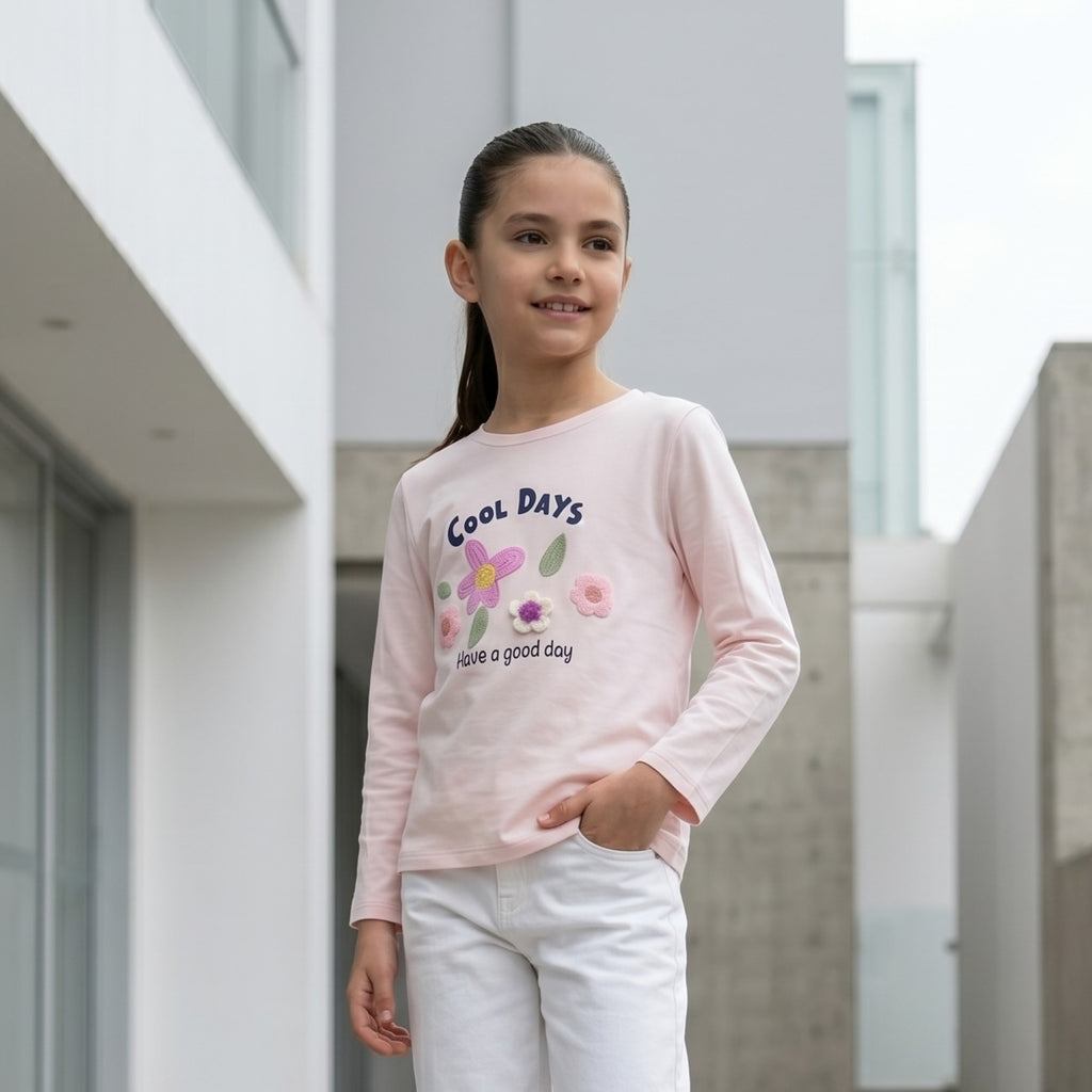 Polo Manga Larga para Niña Rosa con Flores Bordadas