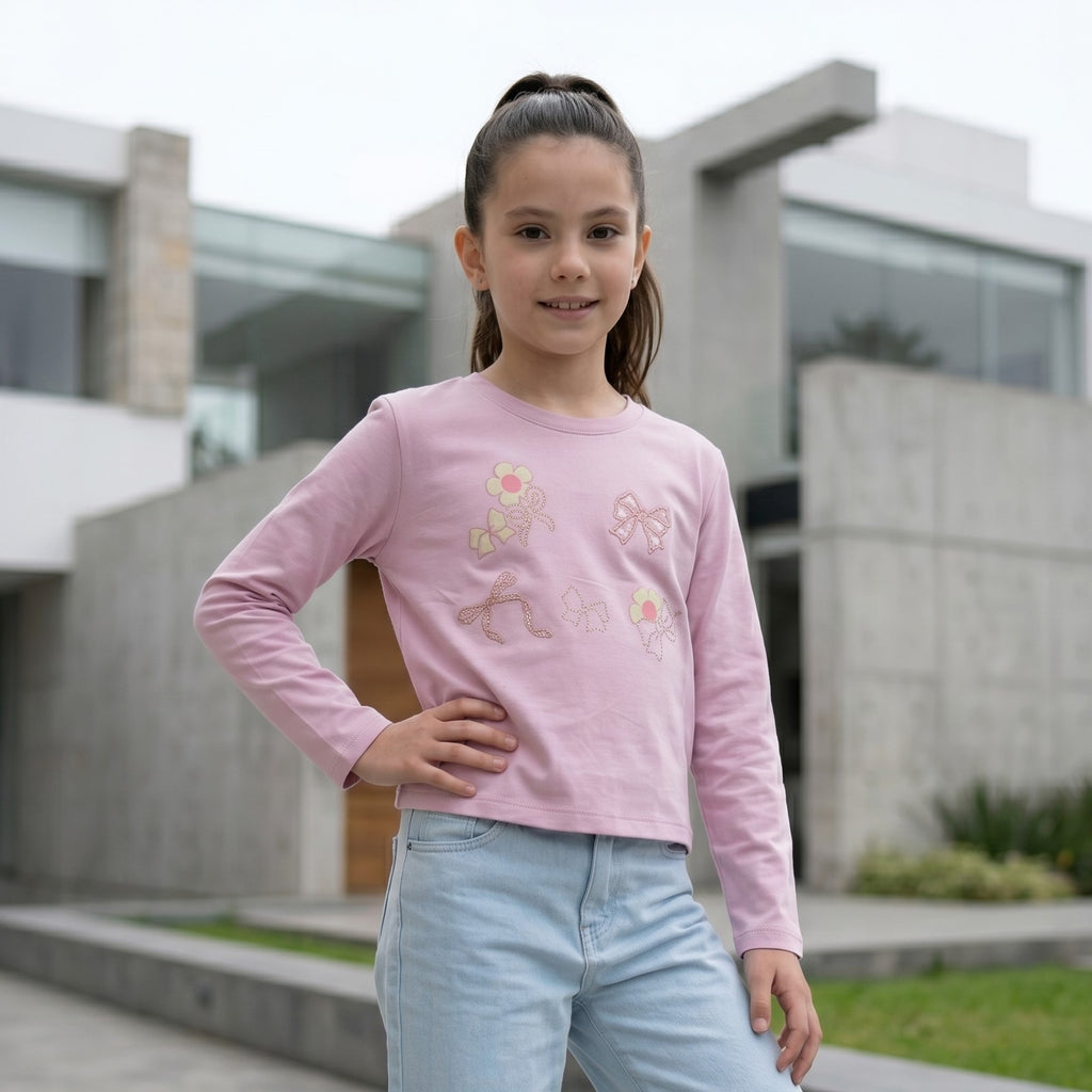 Polo niña palo rosa con lazos y flores bordados manga larga - Angela Kids