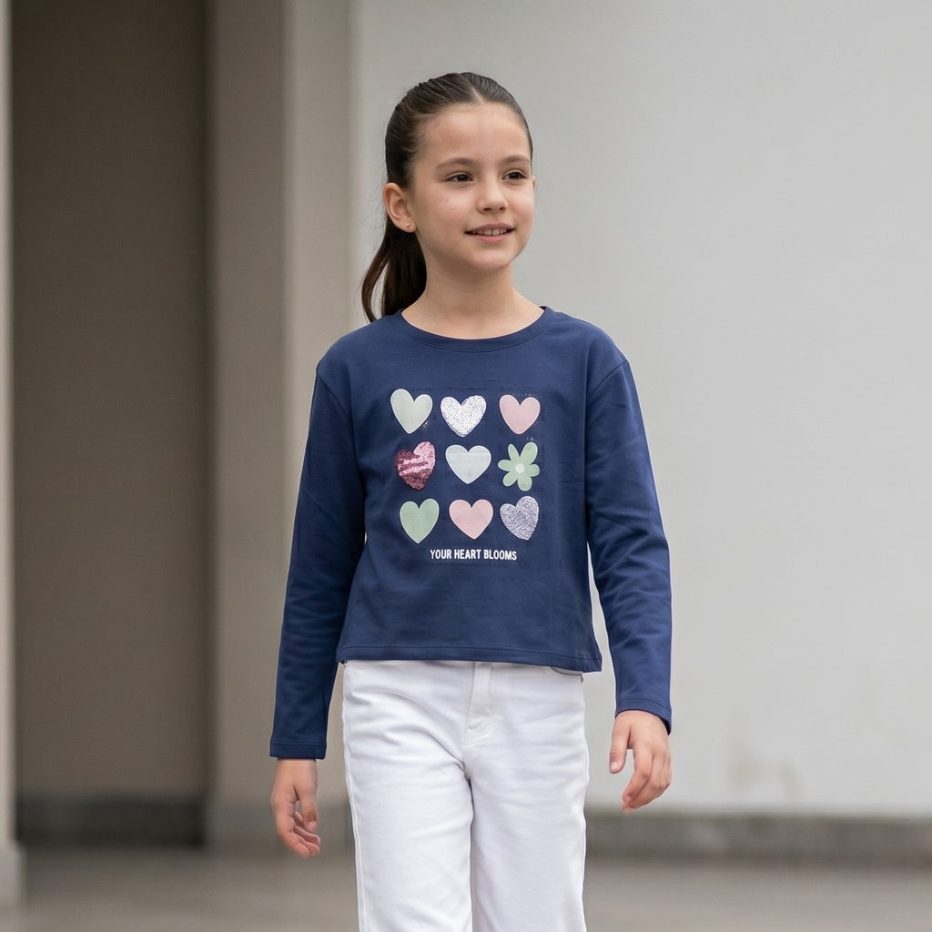 Polo Corazón lentejuela Manga Larga- Azul