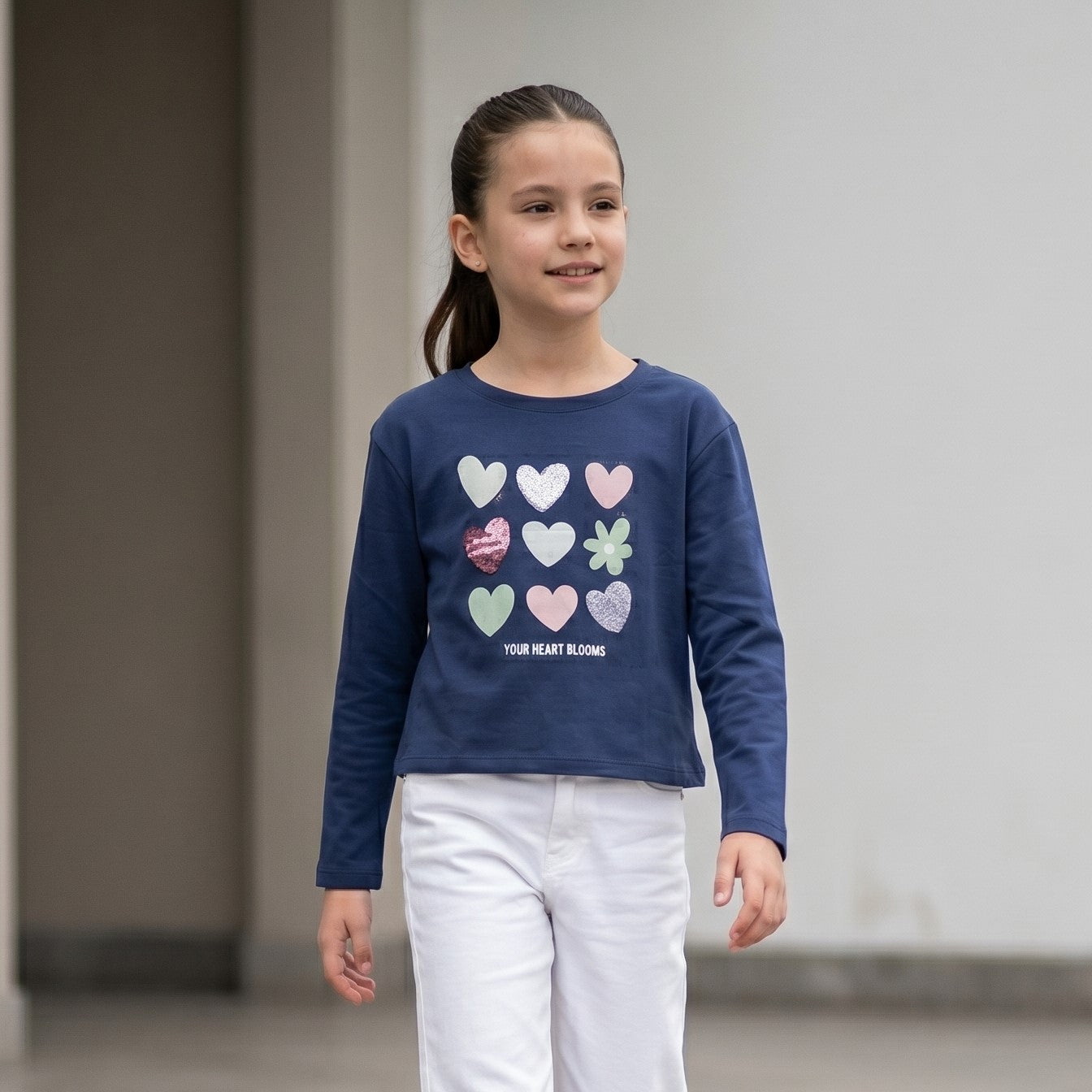 Polo Corazón lentejuela Manga Larga- Azul
