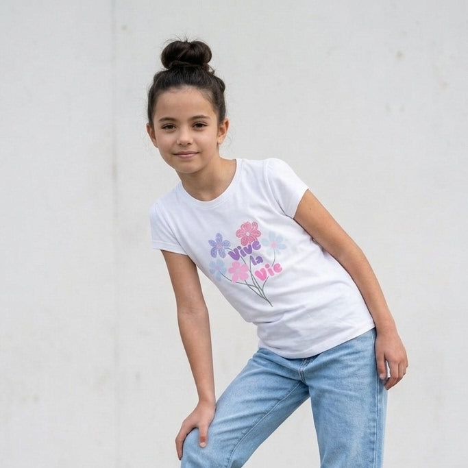 Polo de Algodón para Niña Blanco estampado Floral
