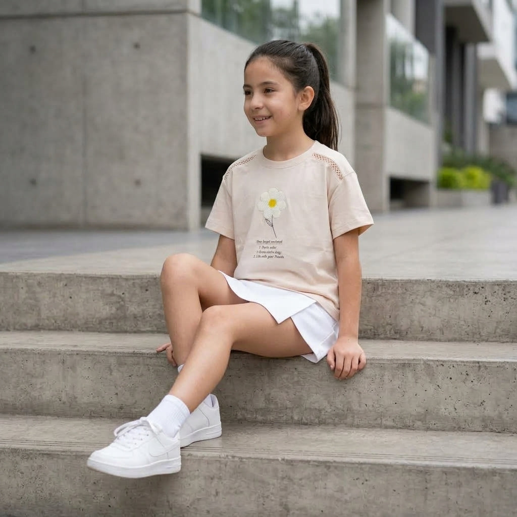 Polo Flor Bordada Beige — Niña