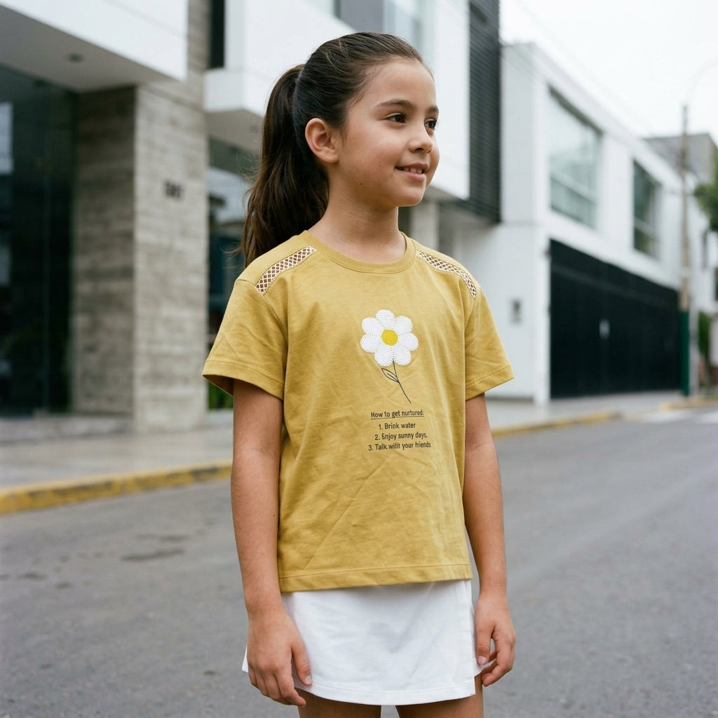 Polo Flor Bordada Mostaza — Niña