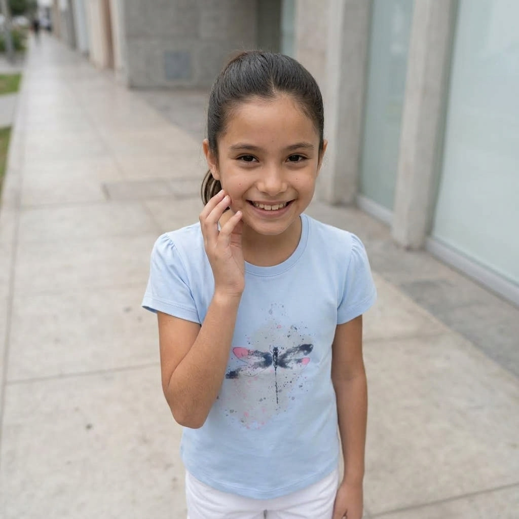 Polo Niña Algodón Estampado Libélula Celeste