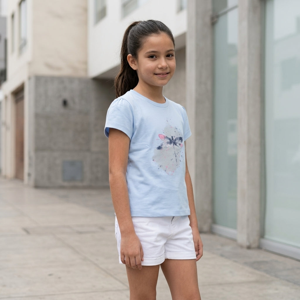 Polo Niña Algodón Estampado Libélula Celeste