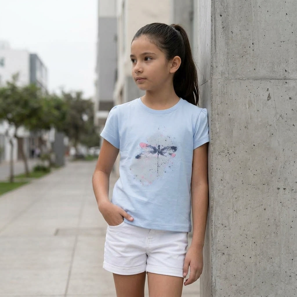 Polo Niña Algodón Estampado Libélula Celeste
