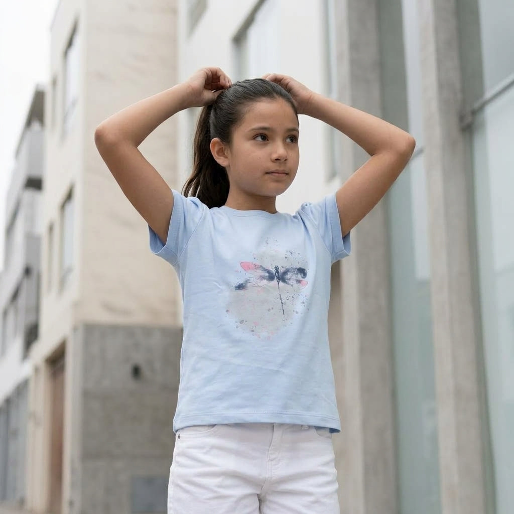 Polo Niña Algodón Estampado Libélula Celeste