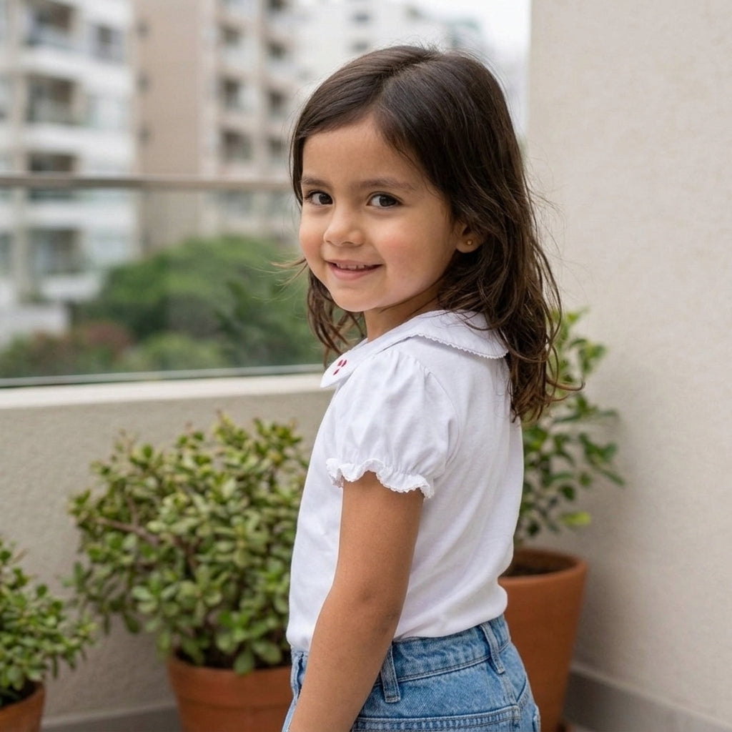 Polo de algodón para niña con cuello de corazones