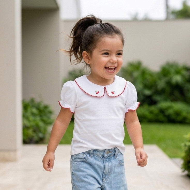 Polo de algodón para niña con cuello de cerezas
