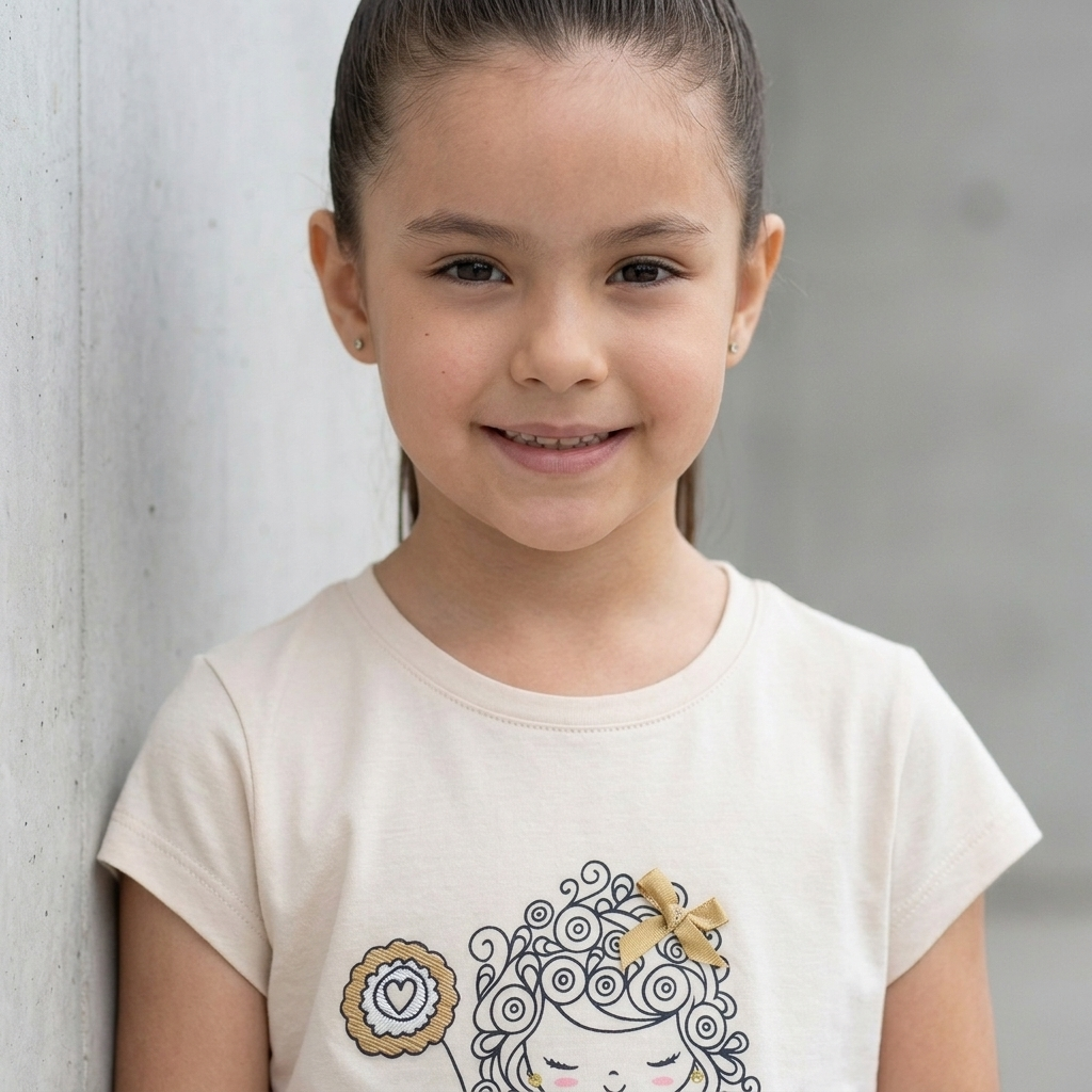 Polo Manga Corta Estampado Muñequita Beige para Niña | Algodón