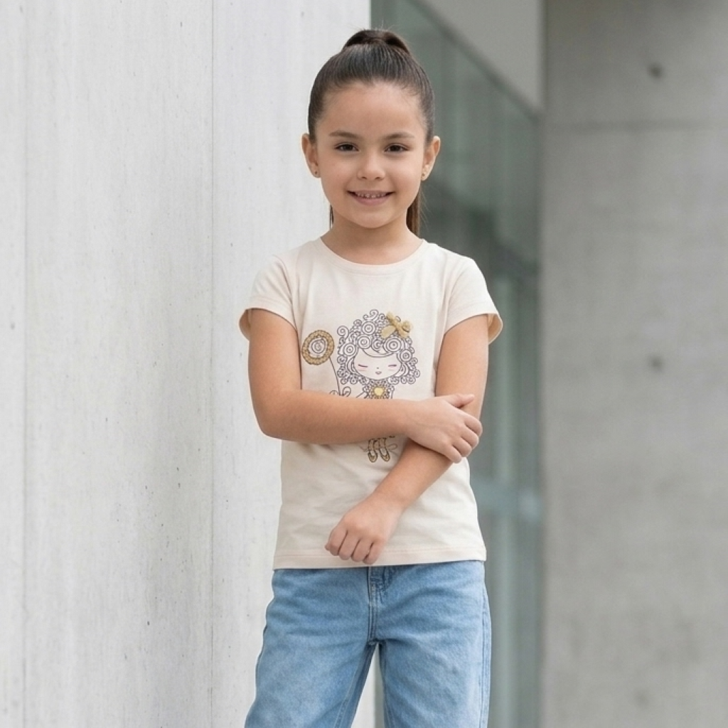 Polo niña algodón estampado muñequita lazo beige – Angela Kids Perú