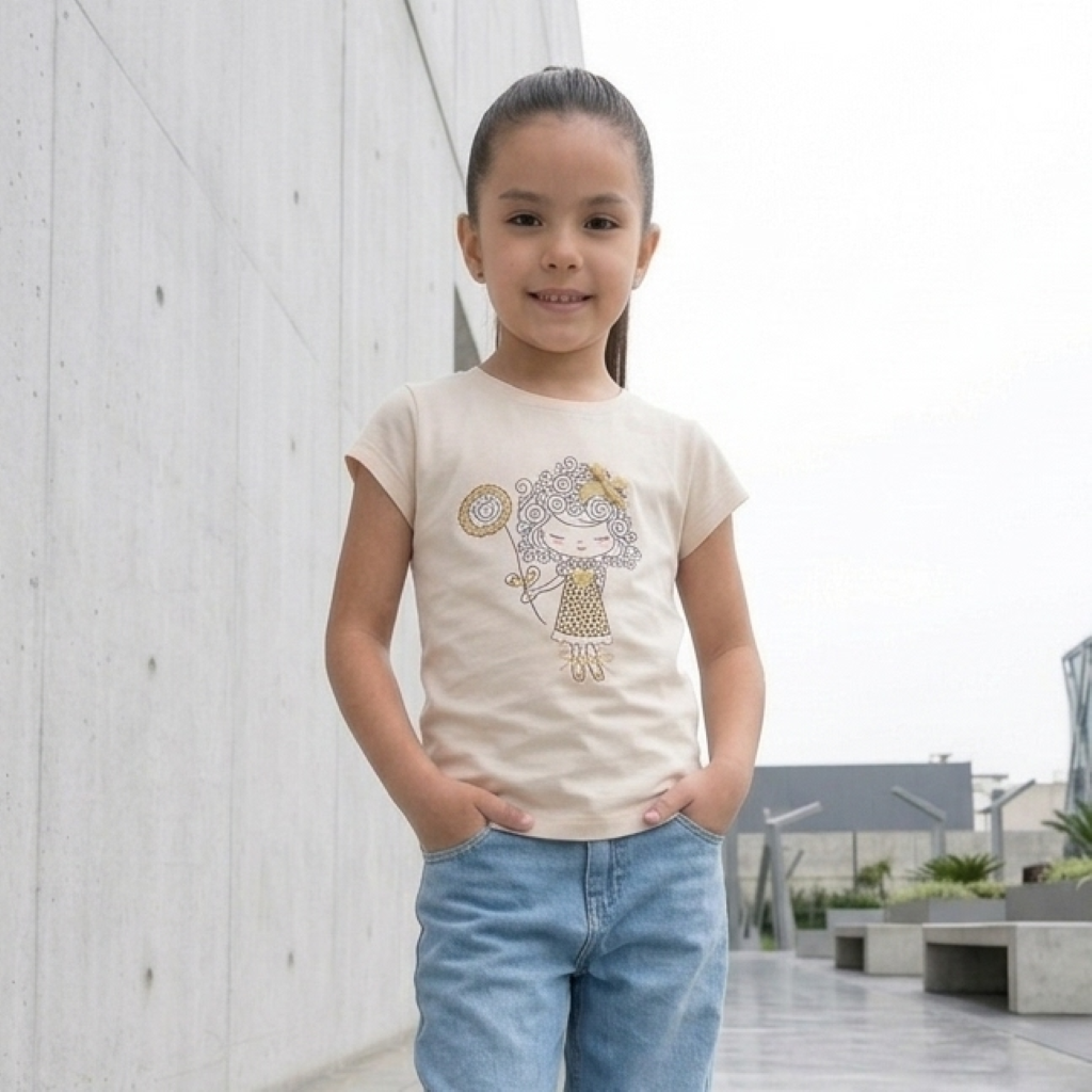 Polo Manga Corta Estampado Muñequita Beige para Niña | Algodón