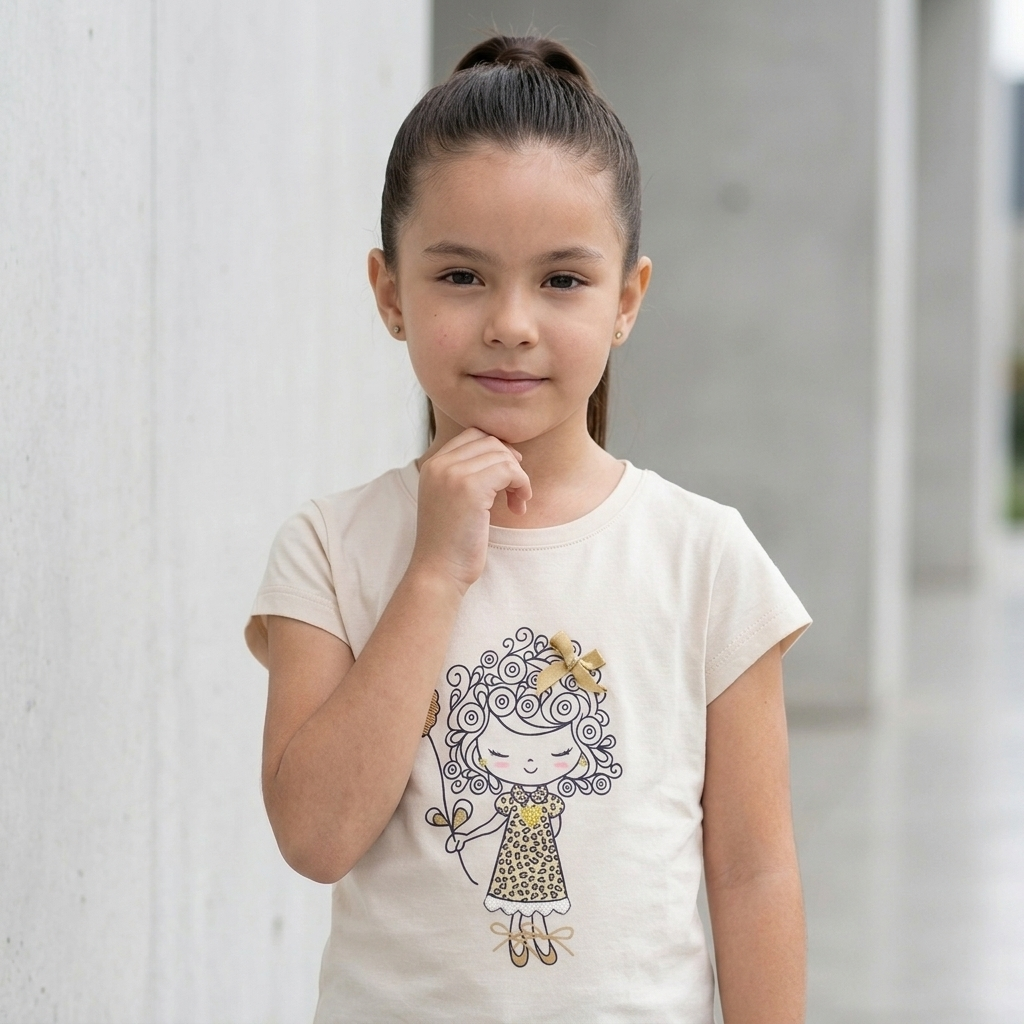 Polo Manga Corta Estampado Muñequita Beige para Niña | Algodón