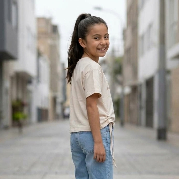 Polo Niña Algodón Estampado "Perfectly Imperfect" Arena