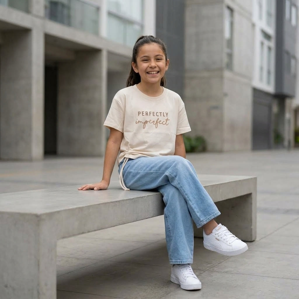 Polo Niña Algodón Estampado "Perfectly Imperfect" Arena
