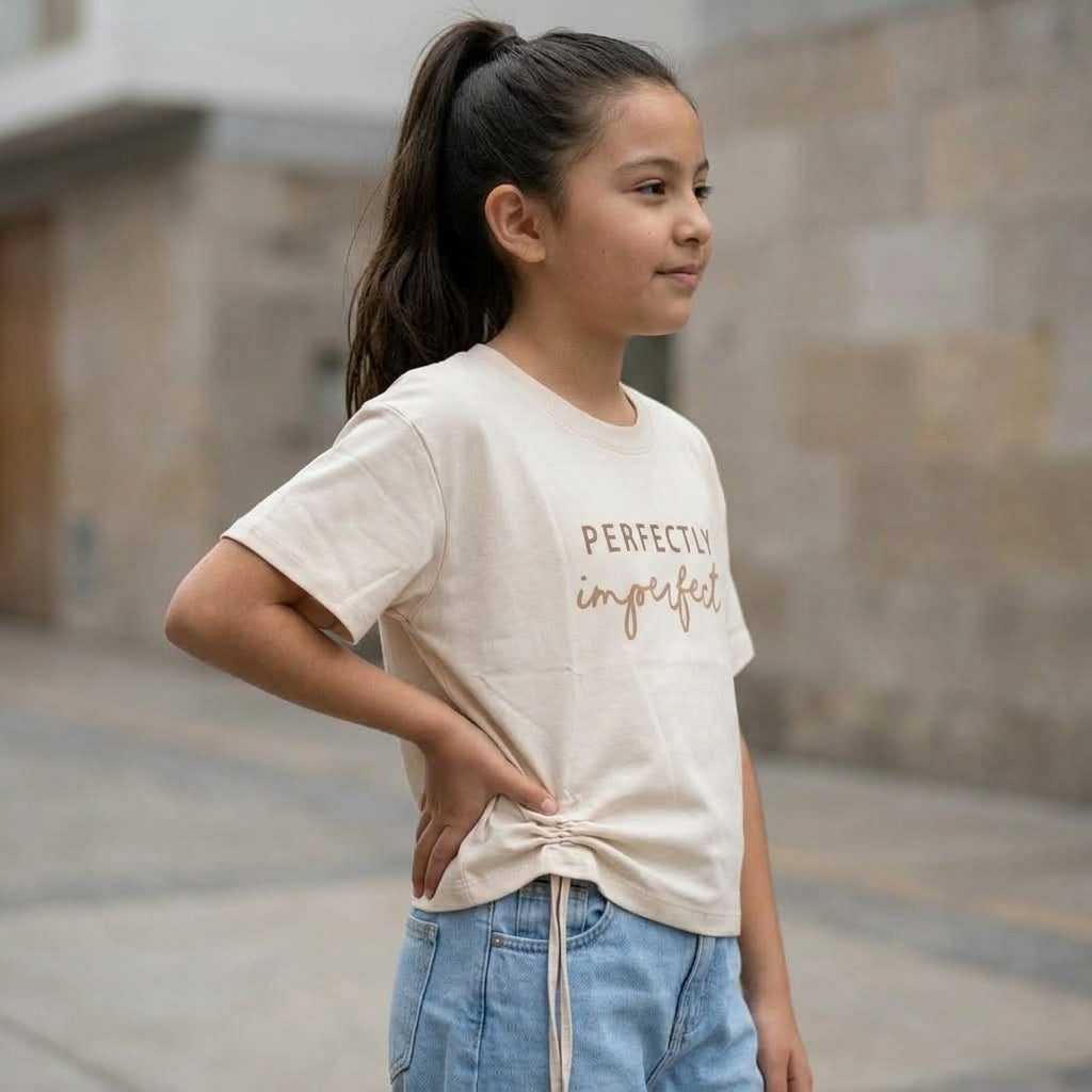Polo Niña Algodón Estampado "Perfectly Imperfect" Arena