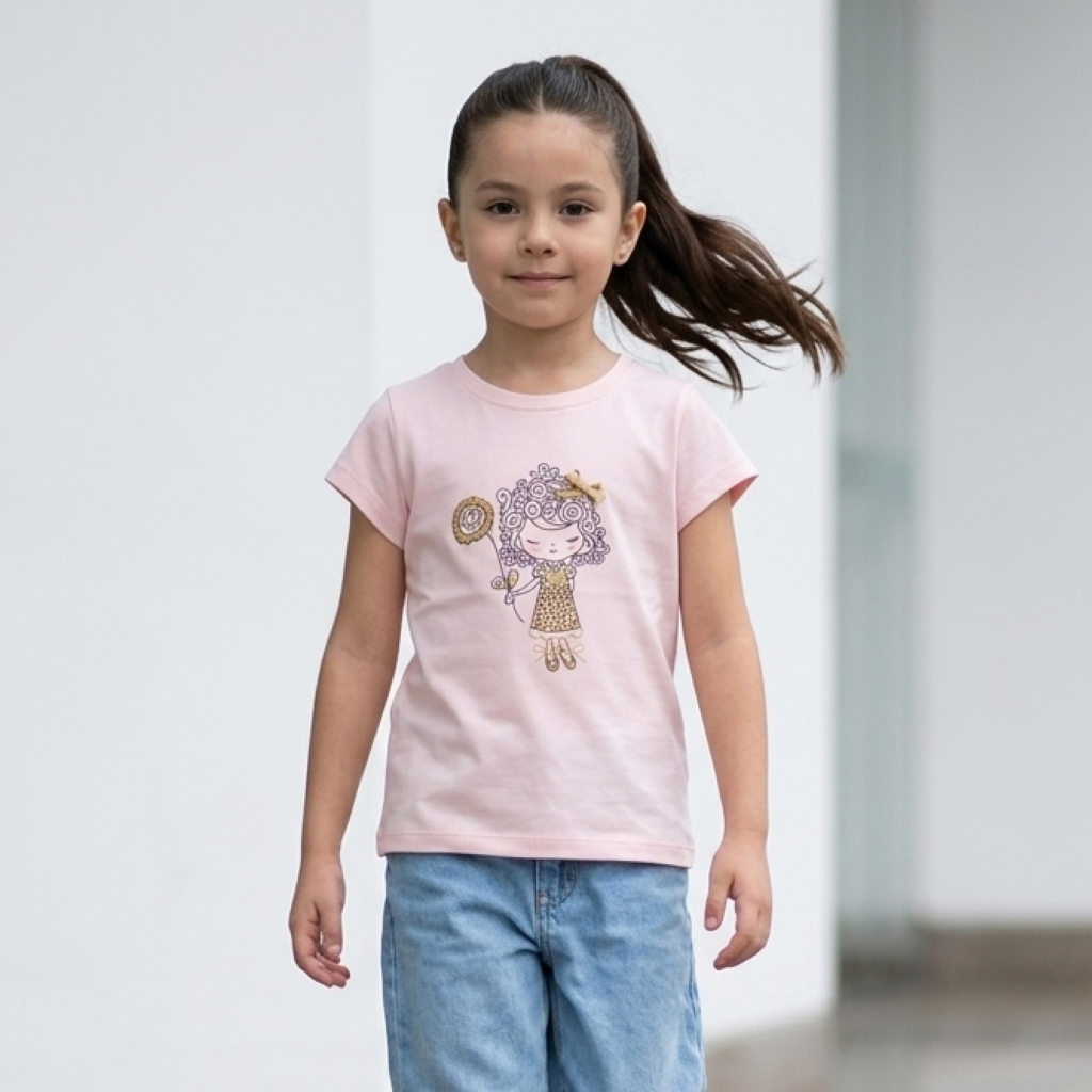 Polo Manga Corta Estampado Muñequita Rosado para Niña | Algodón
