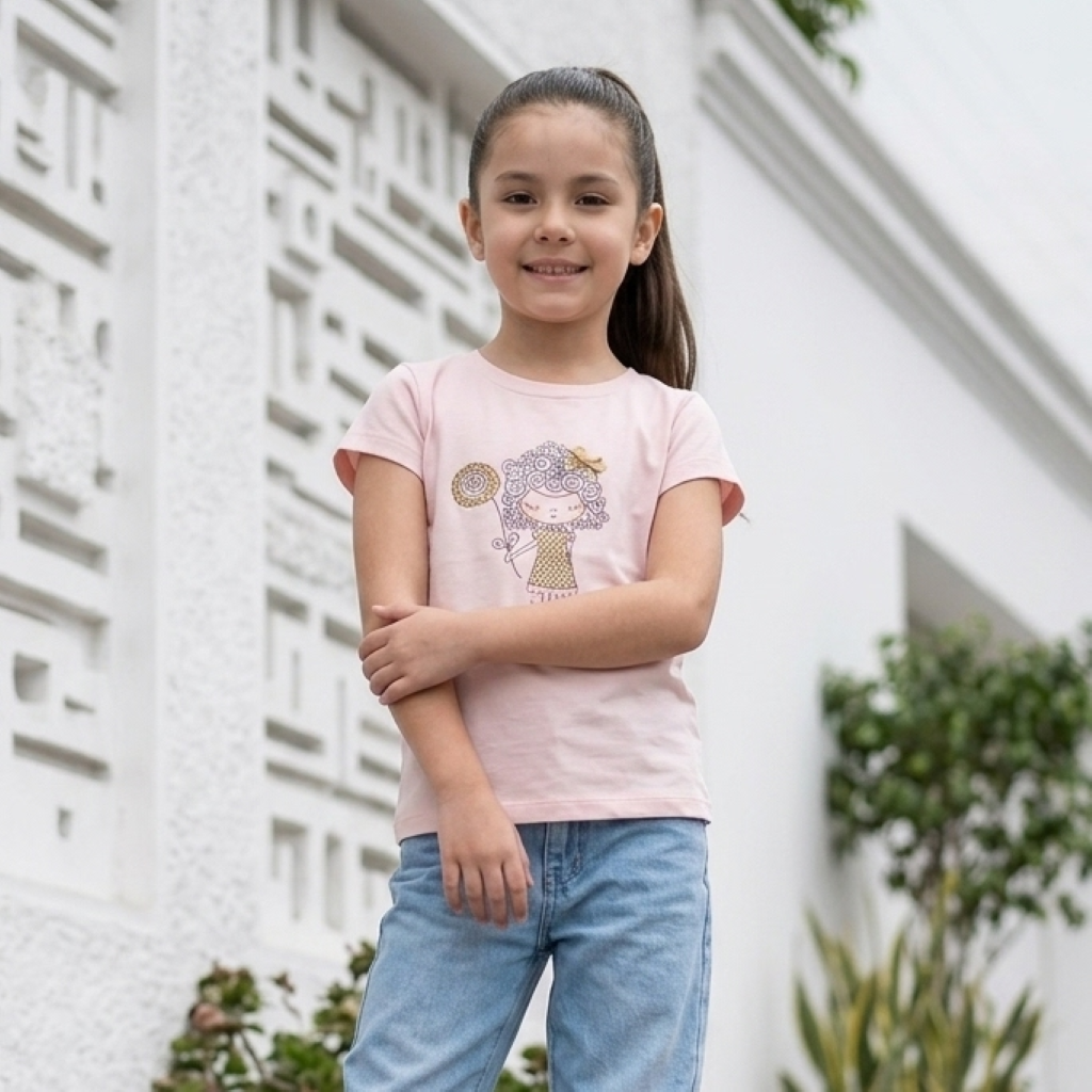 Polo niña algodón estampado muñequita lazo rosado – Angela Kids Perú