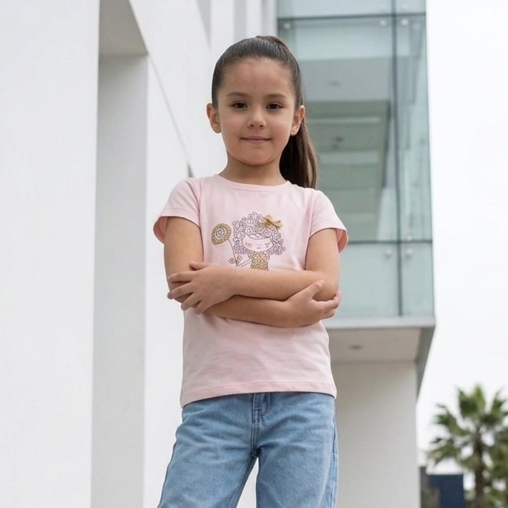 Polo Manga Corta Estampado Muñequita Rosado para Niña | Algodón