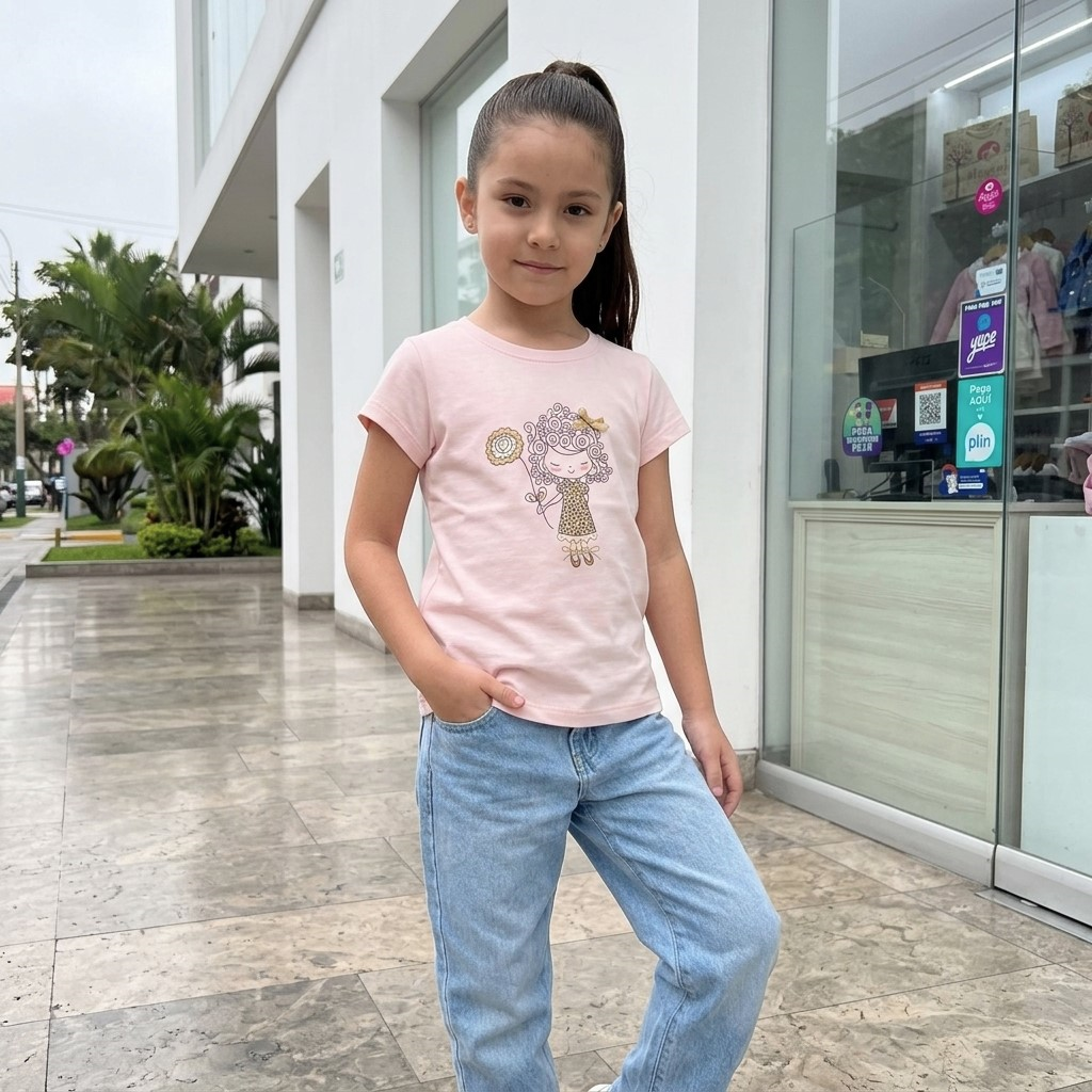 Polo Manga Corta Estampado Muñequita Rosado para Niña | Algodón