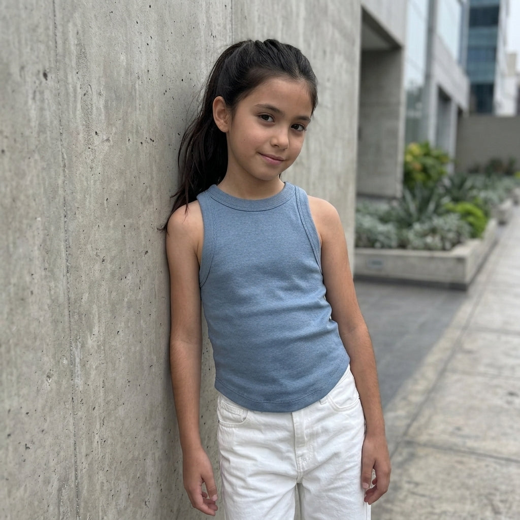Niña con bividí rib color acero liso, de textura acanalada, sin mangas y cuello redondo, combinado con pantalón blanco.
