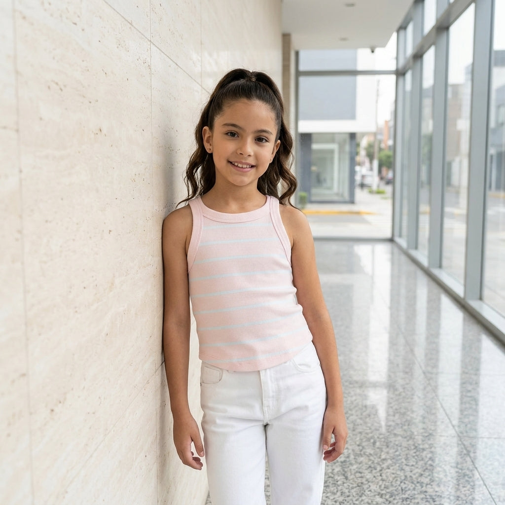 Bividí Rib Niña Rosa con Rayas Blancas