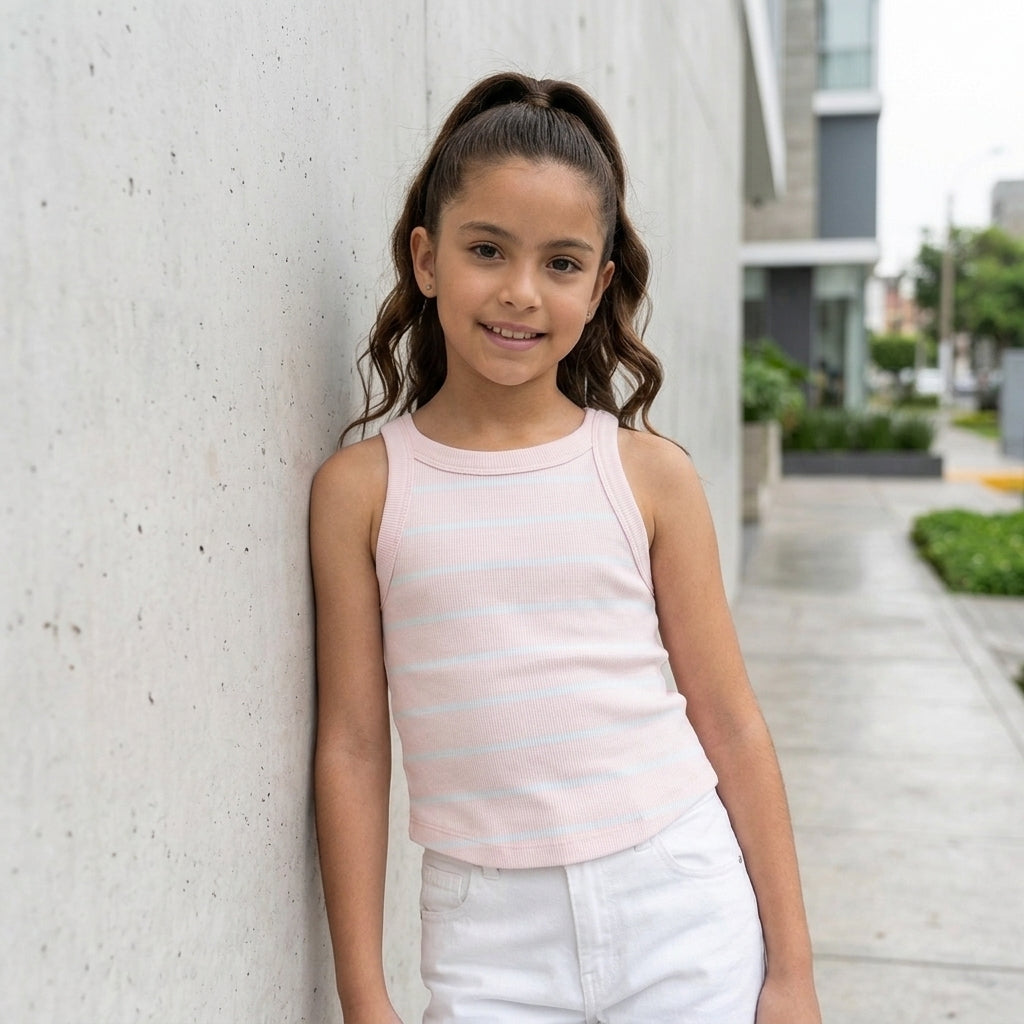 Bividí Rib Niña Rosa con Rayas Blancas