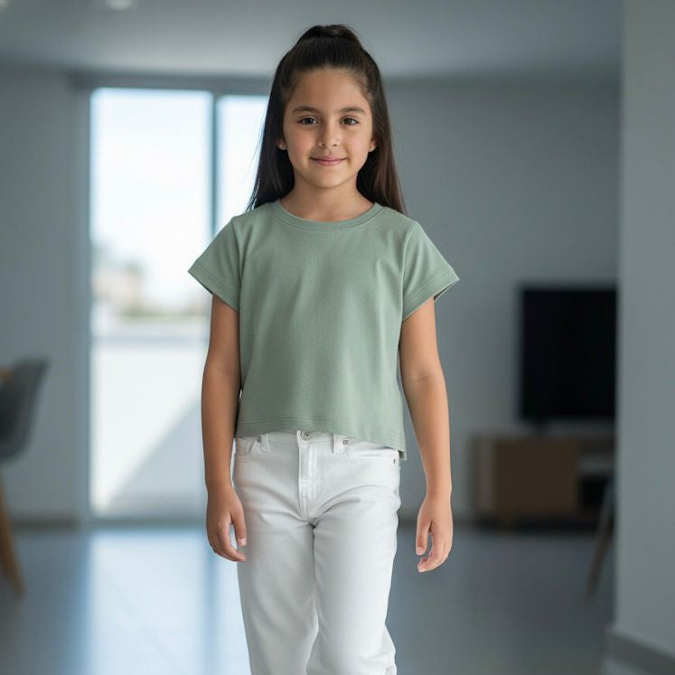 Polo crop niña verde cemento manga corta – Angela Kids Perú