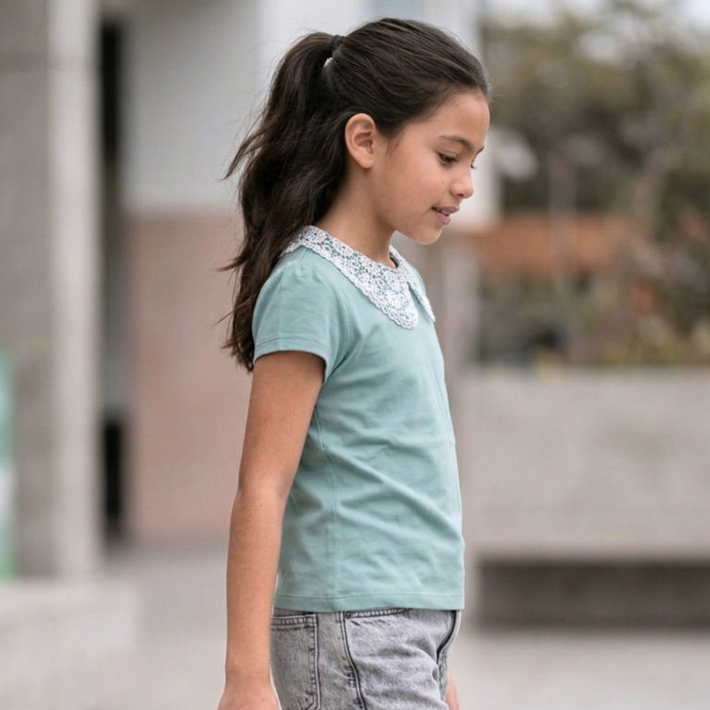 Polo manga corta niña rib cuello encaje verde agua tallas 4 a 12 – Angela Kids Perú