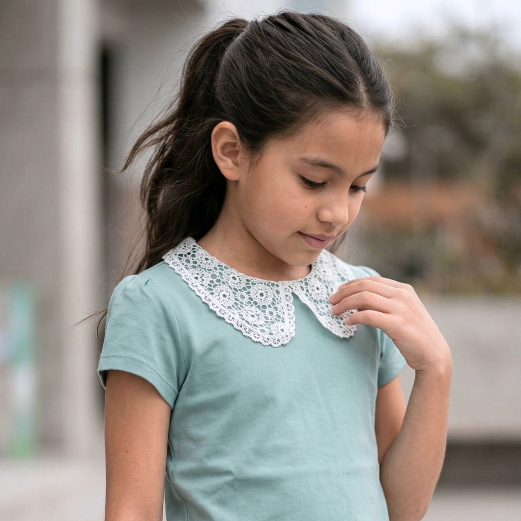 Polo manga corta niña rib cuello encaje verde agua tallas 4 a 12 – Angela Kids Perú