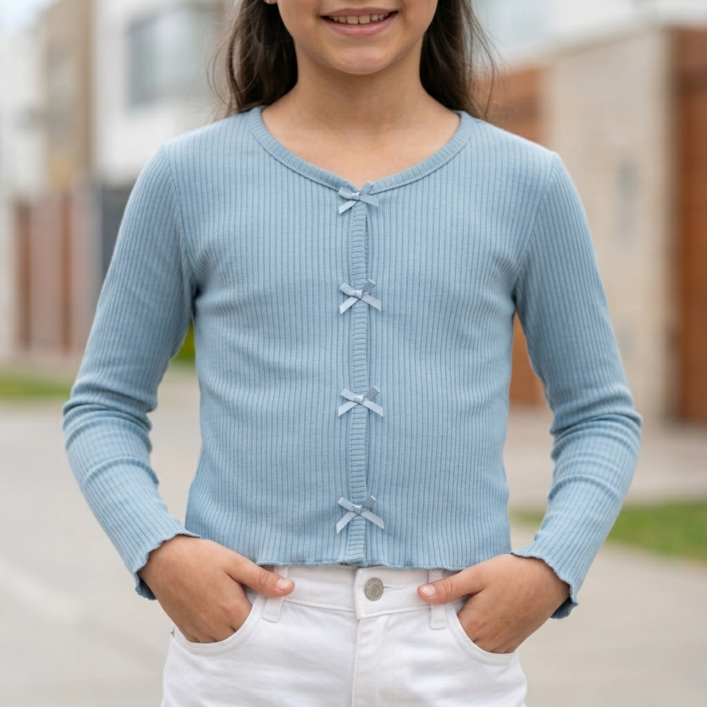 Polo manga larga rib niña color acero ropa Angela Kids Perú