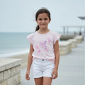 Polo niña algodón manga corta rosa con estampado – Angela Kids Perú