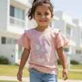 Polo niña algodón manga corta rosa con volantes estampado floral – Angela Kids Perú