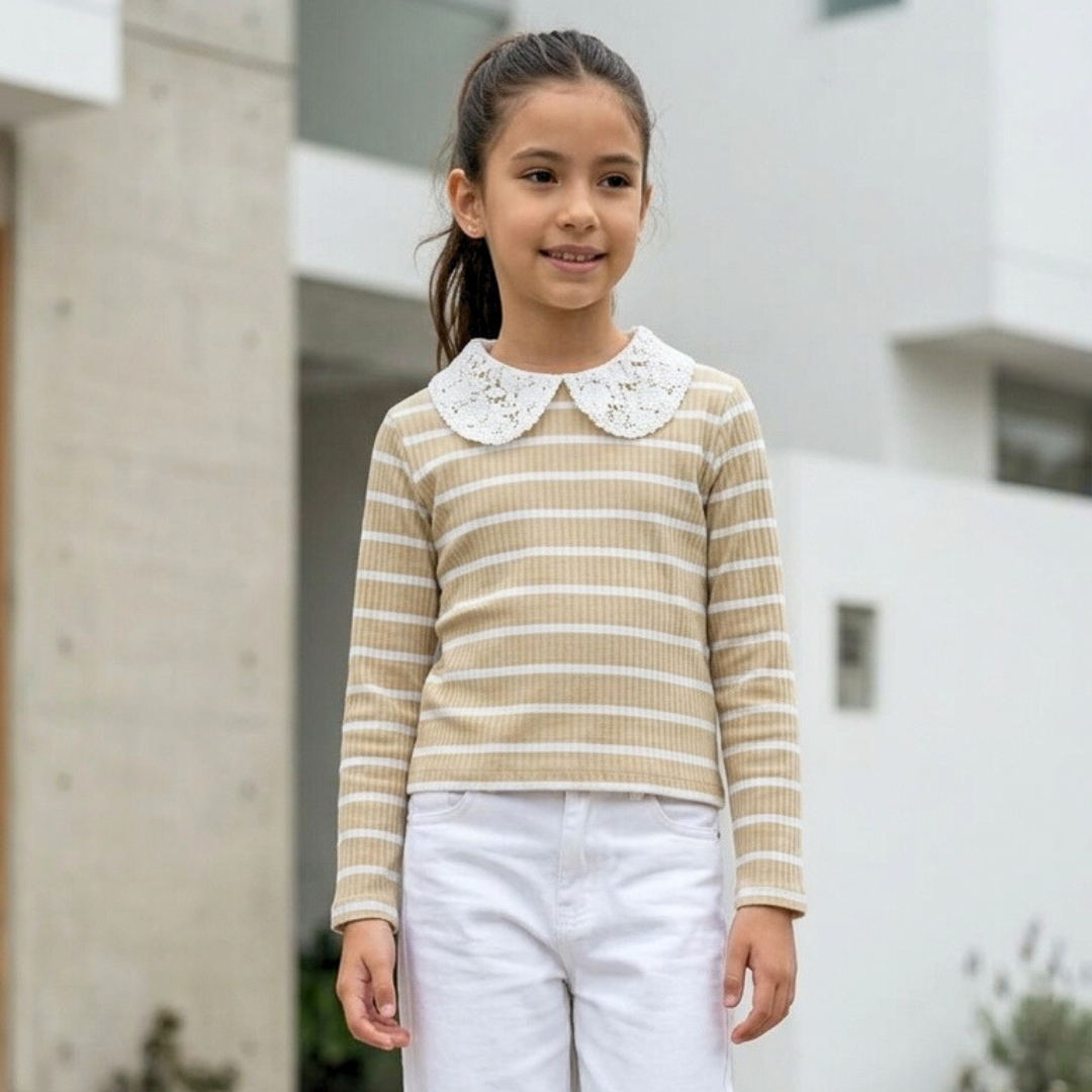 Polo niña cuello broderie arena algodón – Angela Kids Perú