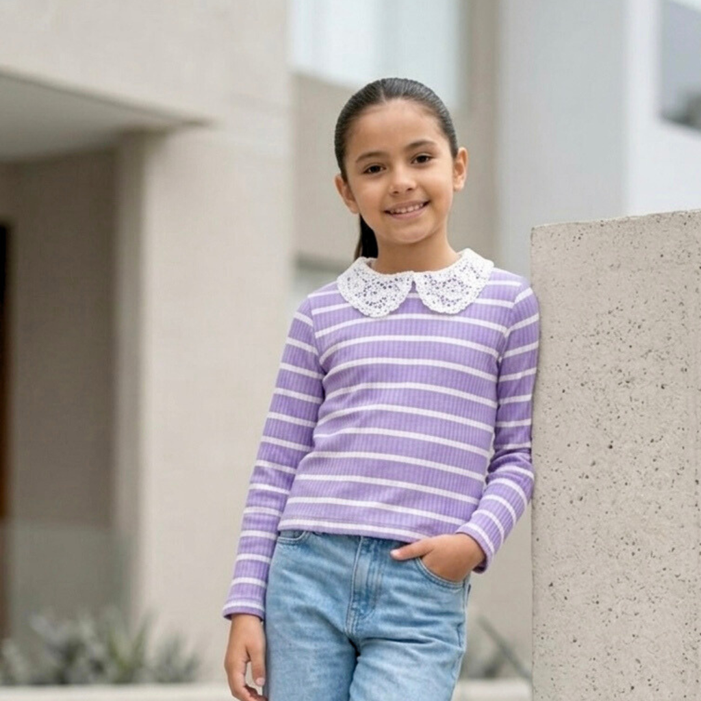 Polo niña cuello broderie lila algodón – Angela Kids Perú