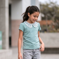 Polo niña rib verde agua cuello Peter Pan encaje blanco – Angela Kids