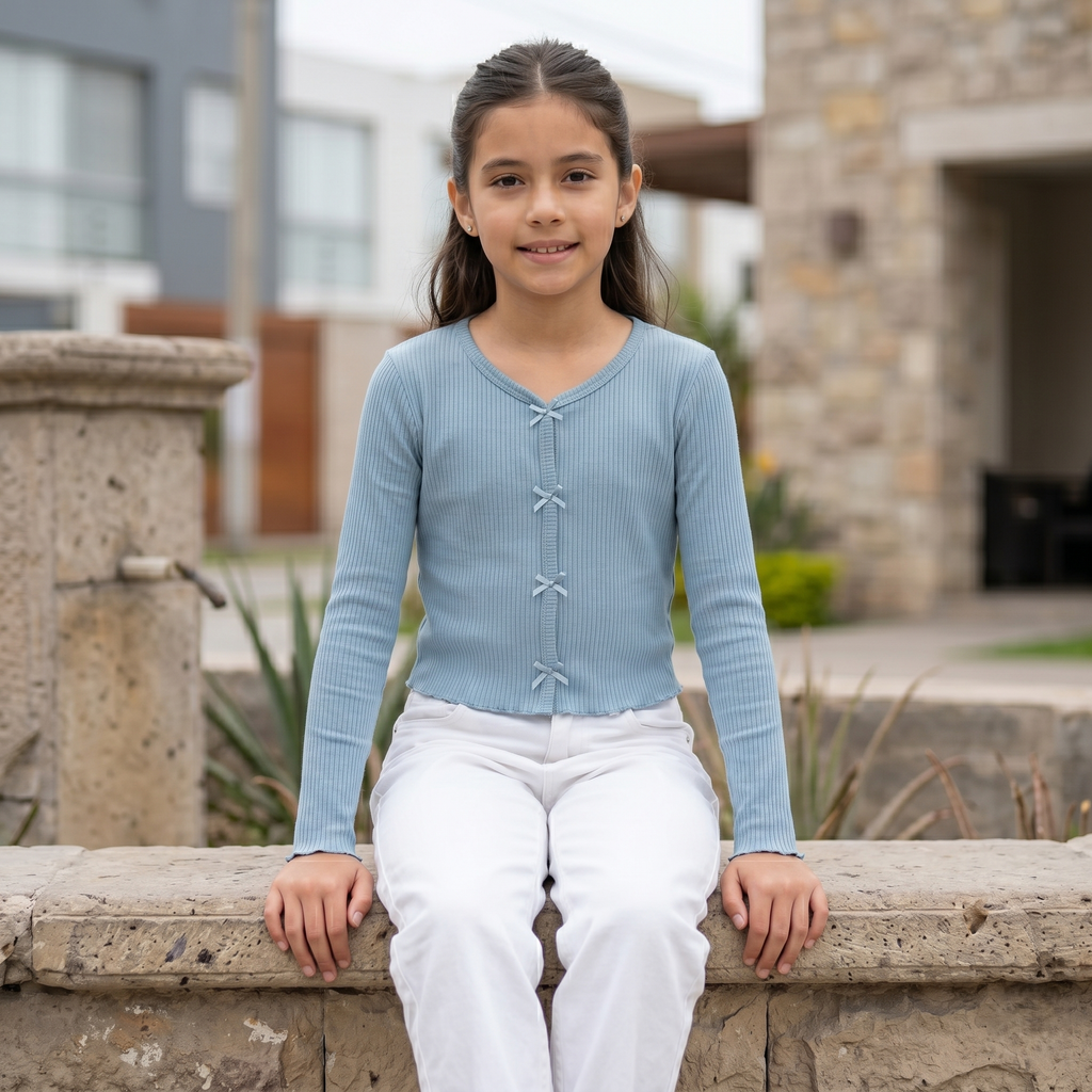 Polo rib niña acero manga larga casual – Angela Kids