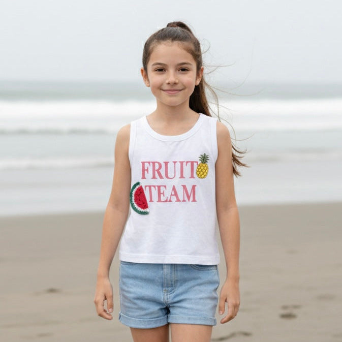 Polo sin manga blanco para niña con estampado de frutas – Angela Kids