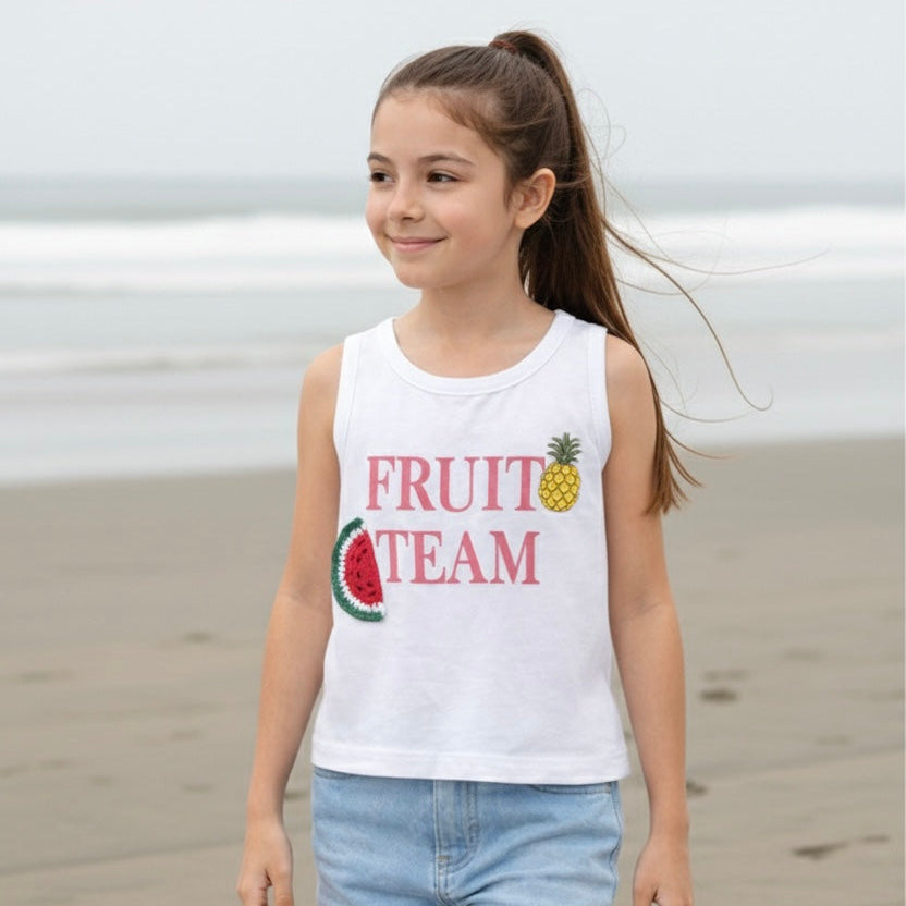 Polo sin manga blanco para niña con estampado de frutas – Angela Kids