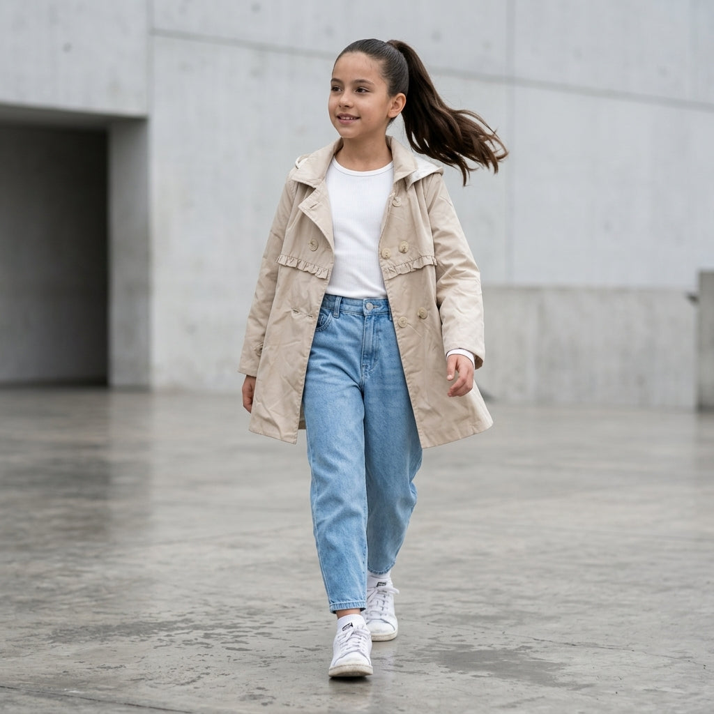 Casaca Trench Niña con Capucha Beige