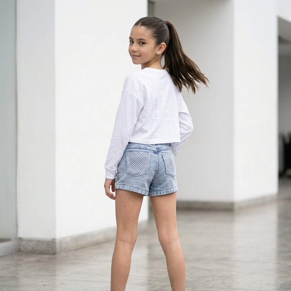 Short Denim para Niña con Bolsillos Tejidos