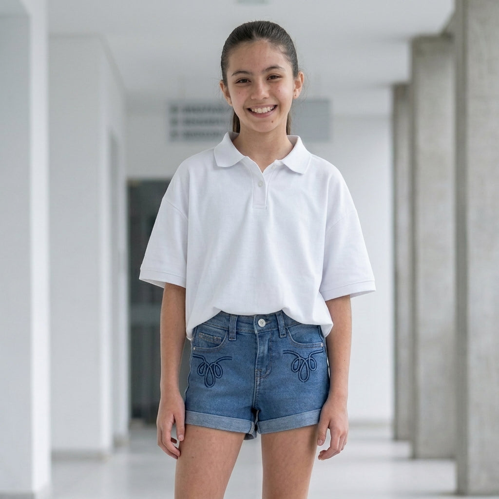 Short Denim para Niña Monica con Bordado y Dobladillo