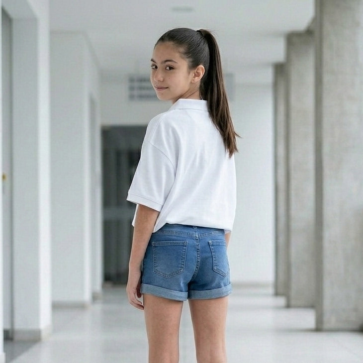 Short Denim para Niña Monica con Bordado y Dobladillo